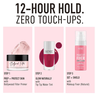Cosmetic products with steps for makeup application on a pink background