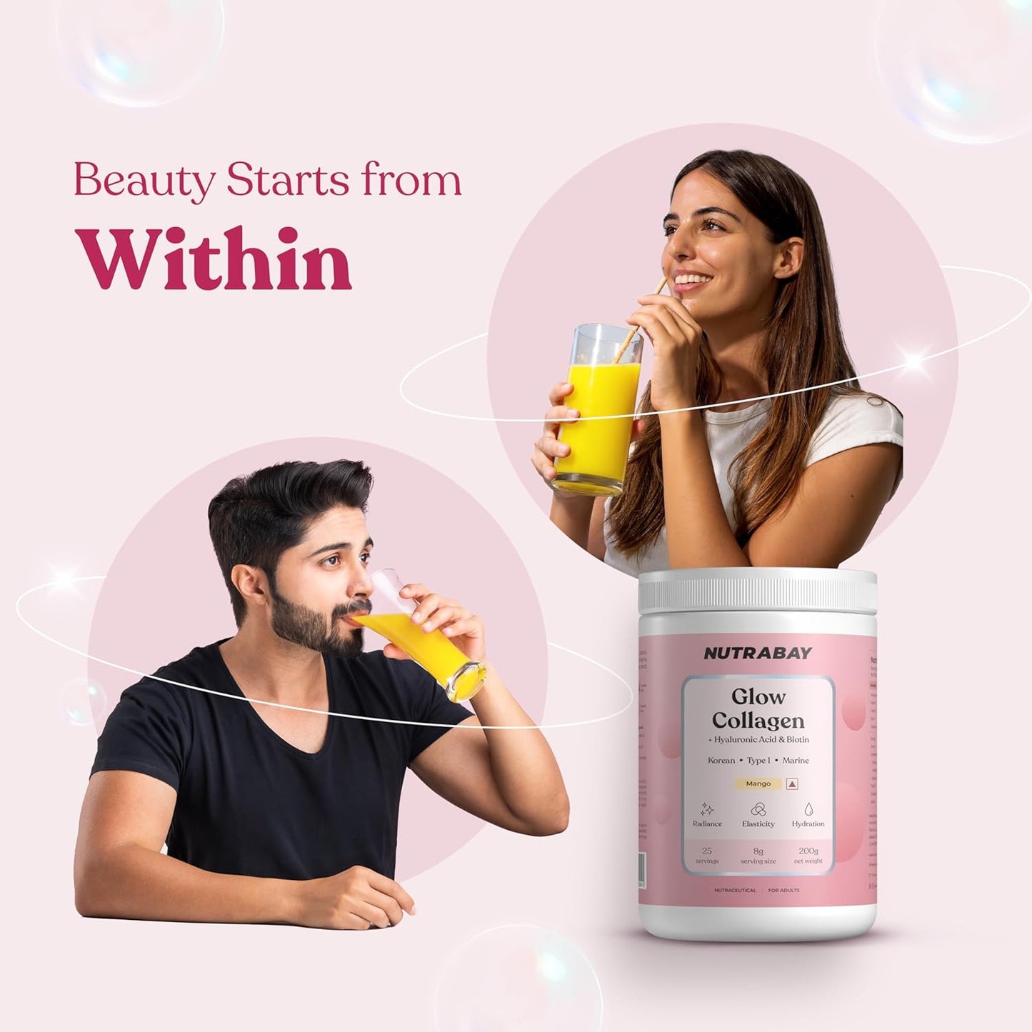 Two people drinking a yellow beverage with a container of Nutrabay Glow Collagen on a pink background.