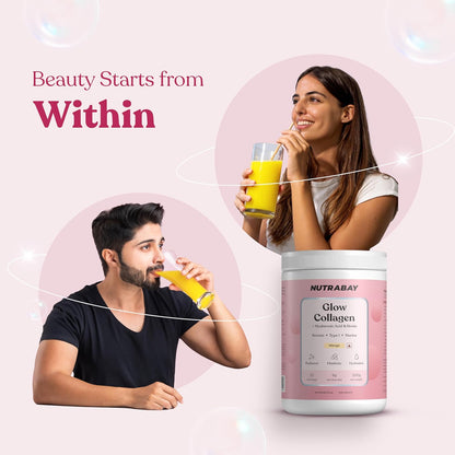 Two people drinking a yellow beverage with a container of Nutrabay Glow Collagen on a pink background.