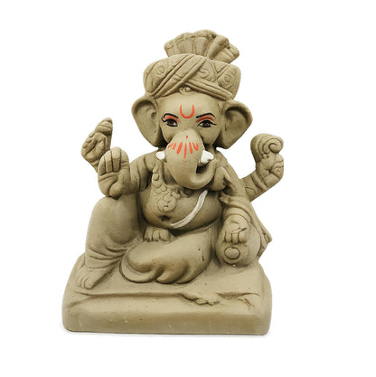 SHOPMEFAST Clay Ganesh Idol, 4 Inches Height, Water Soluble Ganpati Murti for Ganpati Visarjan (Small) (Natural Brown - Pagri Ganesha)