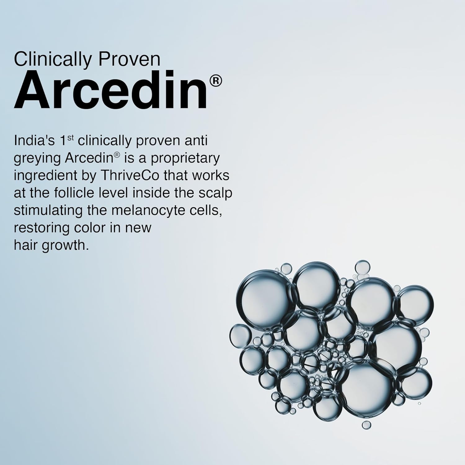 Advertisement for Arcedin, a clinically proven anti-grey hair product by ThriveCo, with text and molecular structure illustration on a light blue background.
