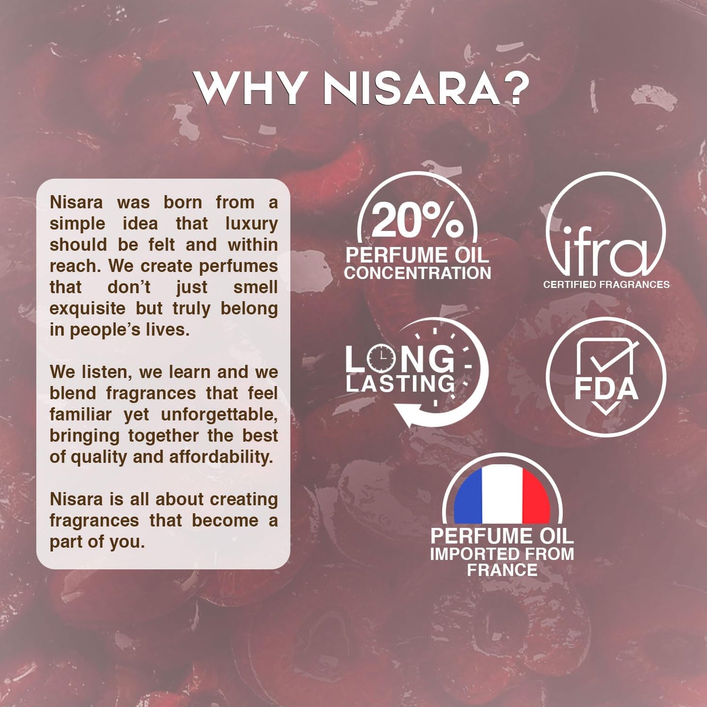 Promotional graphic for Nisara perfumes with text and certification logos on a dark red background.