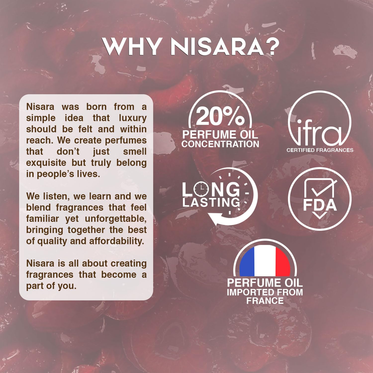Promotional graphic for Nisara perfumes with text and certification logos on a dark red background.