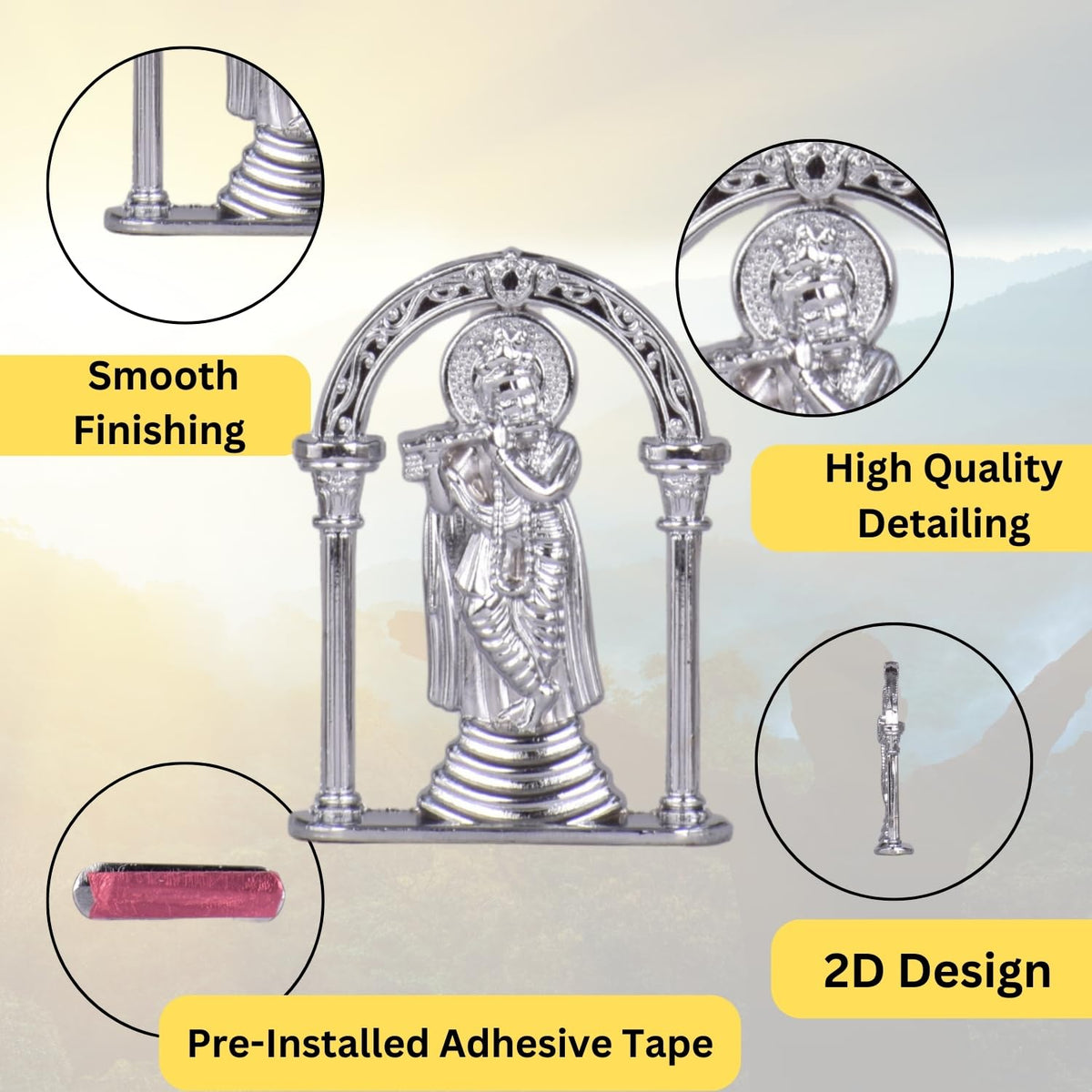 Sri Krishna with Bansuri Pose in Frame Idol for Car Dashboard – Silver Finish Murti Divine Krishna Ji Statue for Temple & Travel (S963-SLVR)