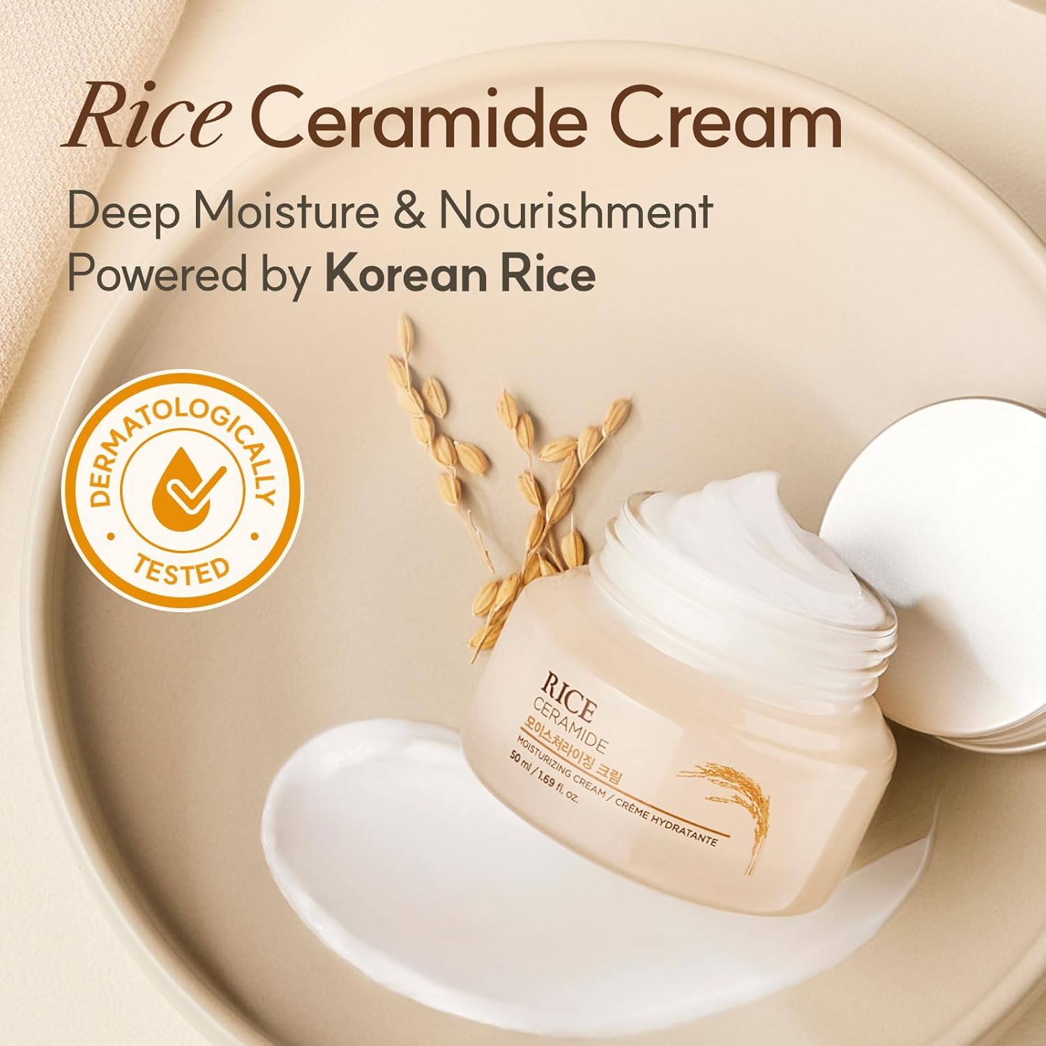Rice Ceramide Cream with Korean rice elements on a beige background