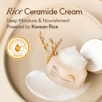 Rice Ceramide Cream with Korean rice elements on a beige background