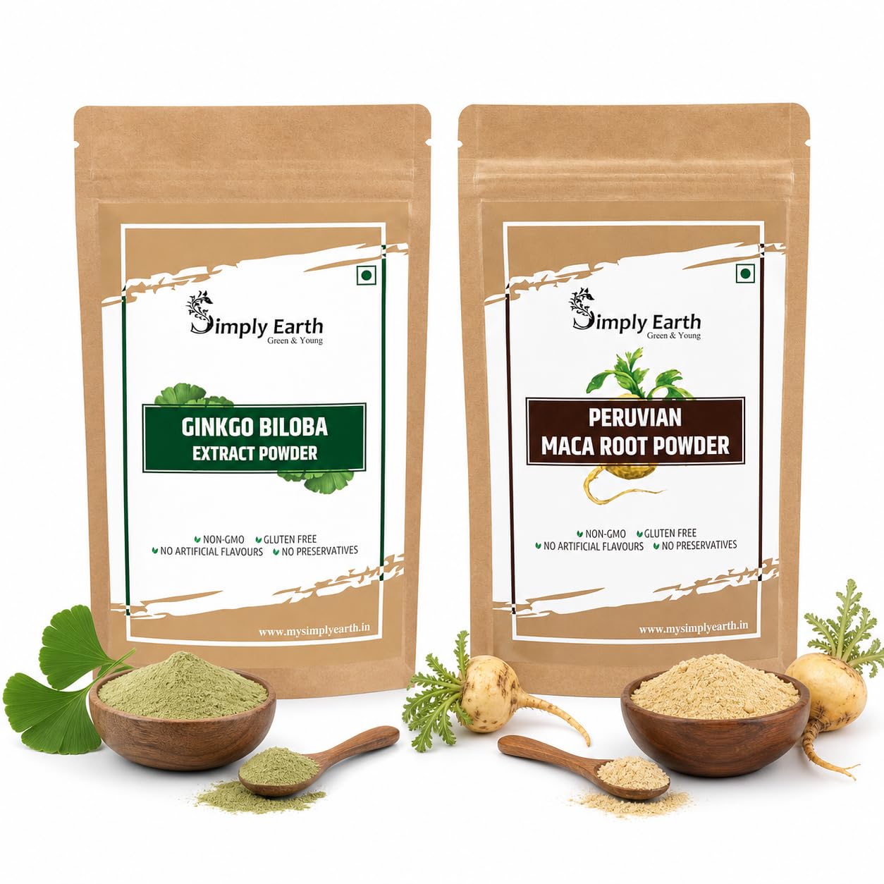 Simply Earth Mind & Body Vitality Combo - Peruvian Maca Root Powder (100g) & Organic Ginkgo Biloba Powder (100g) | For Energy, Immunity, Brain Health & Memory Support