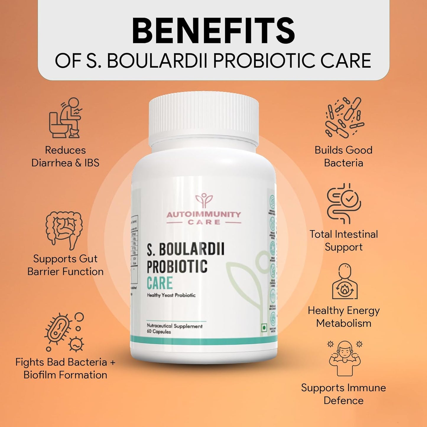 S. Boulardii Probiotic Care supplement bottle with benefits listed on an orange background