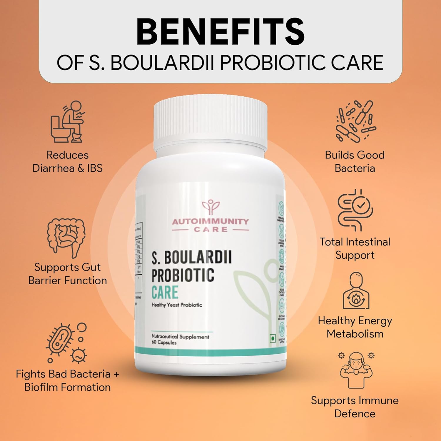 S. Boulardii Probiotic Care supplement bottle with benefits listed on an orange background
