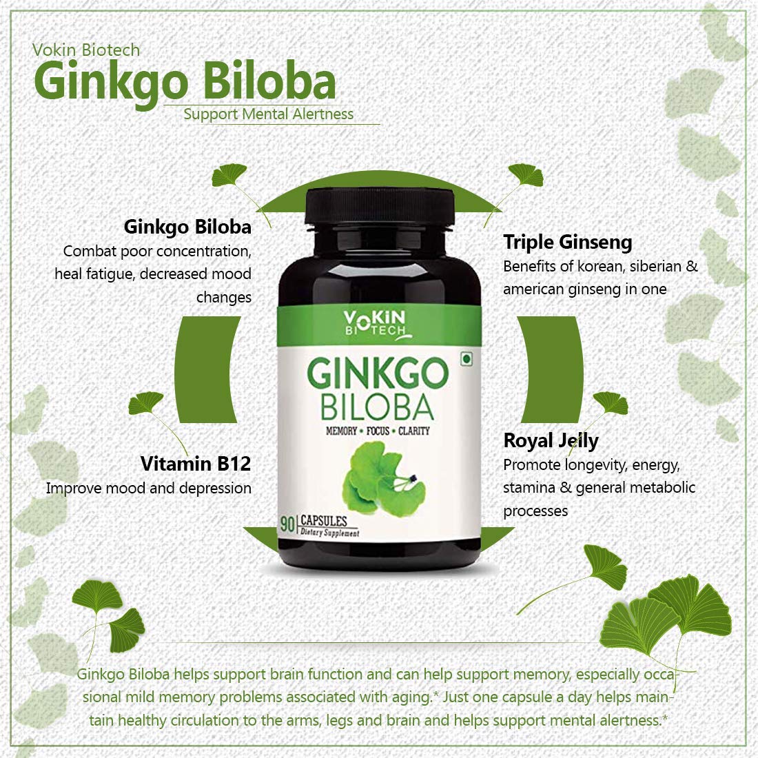 Vokin Biotech Ginkgo Biloba supplement bottle with product details on a light green background.