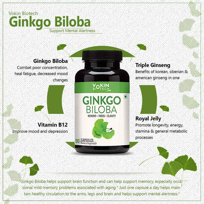 Vokin Biotech Ginkgo Biloba supplement bottle with product details on a light green background.