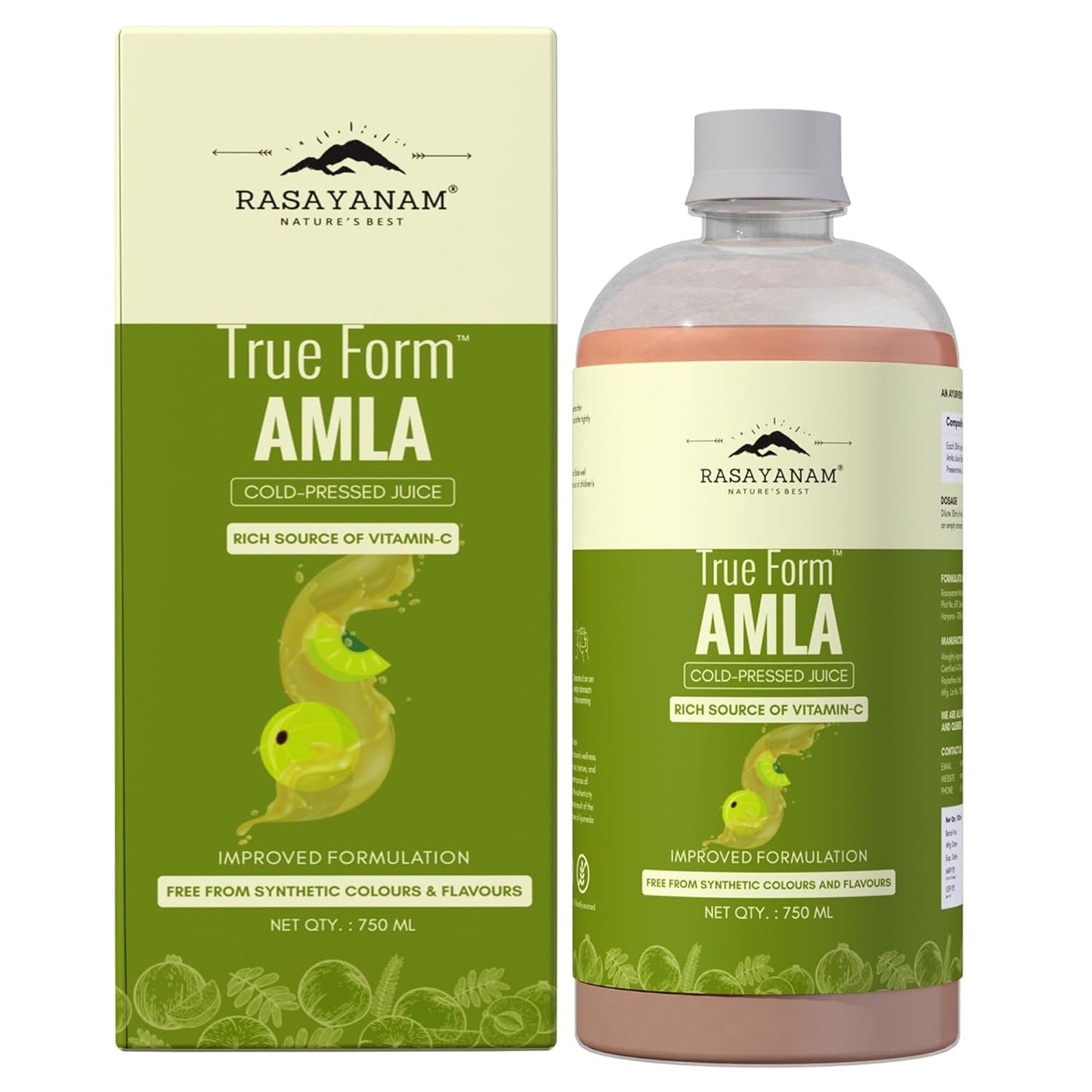 Rasayanam True Form Amla juice bottle and packaging on a white background