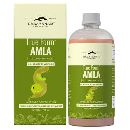 Rasayanam True Form Amla juice bottle and packaging on a white background