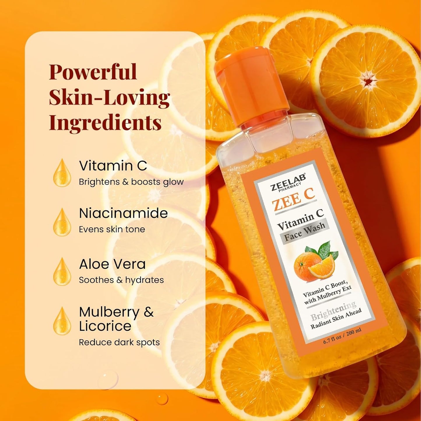 Zeelab Zee C Vitamin C Face Wash with ingredients listed on an orange background
