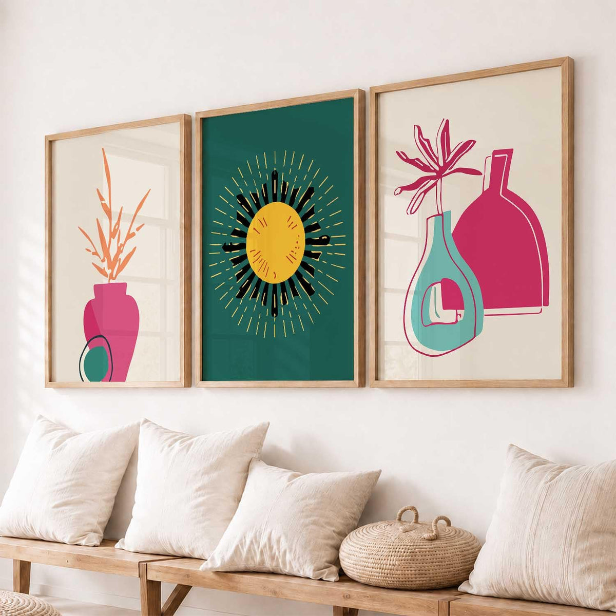 Boho Wall Art Home Decoration Paintings With Frame For Living Room Bed Room Hotel Wall Decor Digital Reprint Set of 3 (13X17 inch)