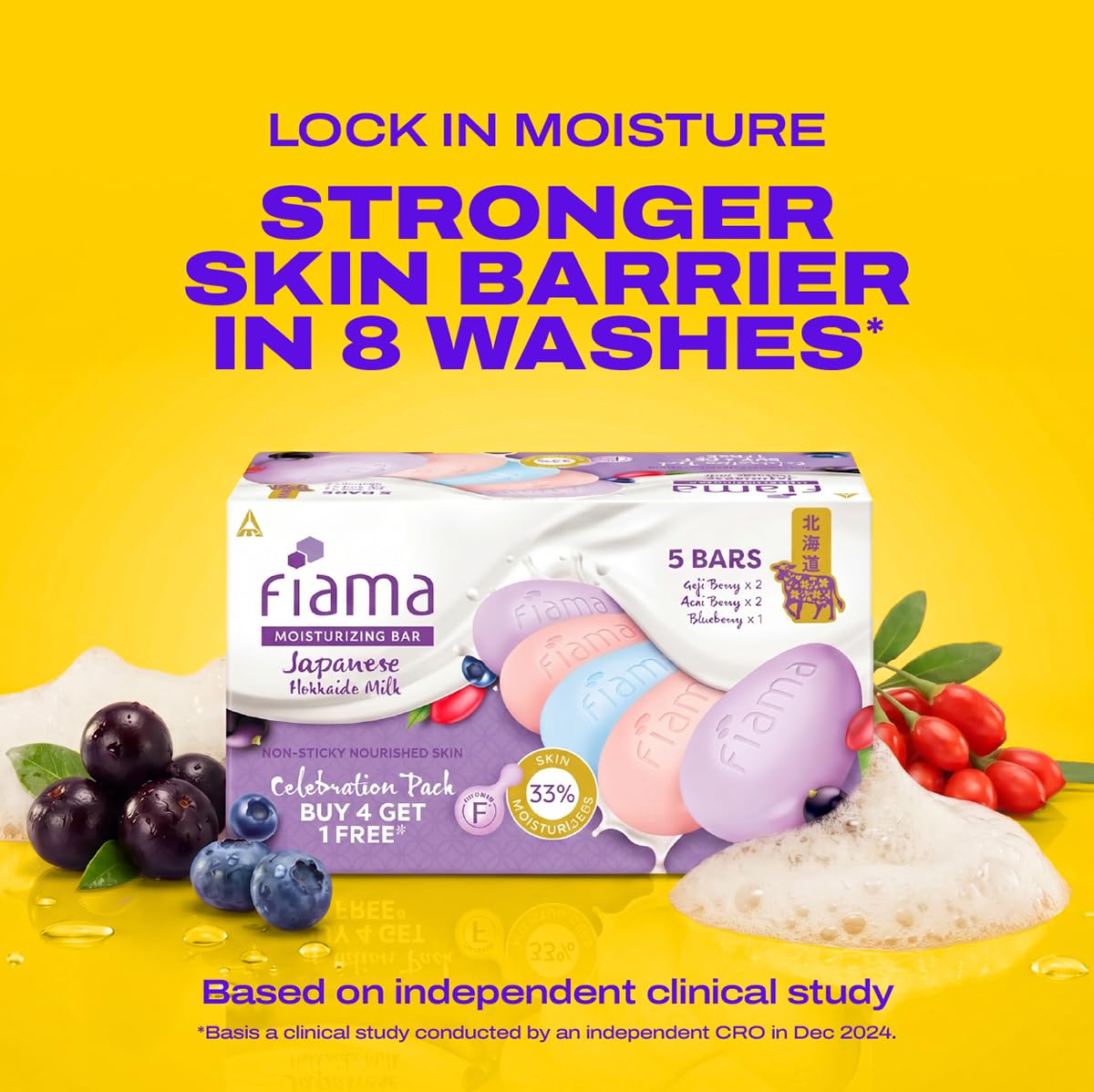 Fiama Skin Barrier Strengthening Moisturizing Soap Bar 125gx5, Japanese Hokkaido Milk Celebration Pack of 5, Non-Sticky Soft Skin | 1/3rd Moisturizers | Blueberry, Goji Berry & Acai Berry Combo pack
