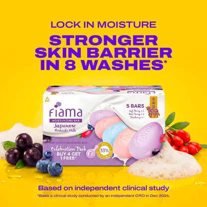 Fiama Skin Barrier Strengthening Moisturizing Soap Bar 125gx5, Japanese Hokkaido Milk Celebration Pack of 5, Non-Sticky Soft Skin | 1/3rd Moisturizers | Blueberry, Goji Berry & Acai Berry Combo pack