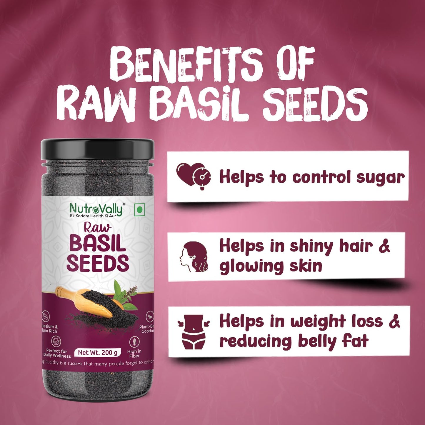 NutroVally Raw Basil Seeds 200g | Sabja Seeds Rich in Fiber, Plant-Based Protein & Essential Nutrients | Supports Digestion, Hydration, Satiety | Vegan, Gluten-Free Superfood for Detox Drink & Recipes