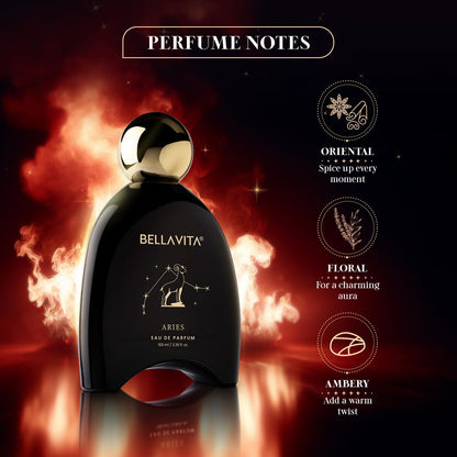 Bellavita Aries perfume bottle with perfume notes on a dark background