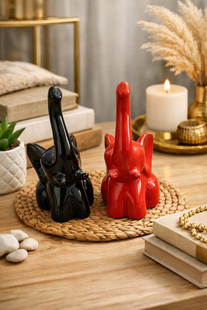 Ceramic Elephant Figurines, Set of 2, Black and Red, Glossy Finish, Trunk Up, Home Decor Sculptures