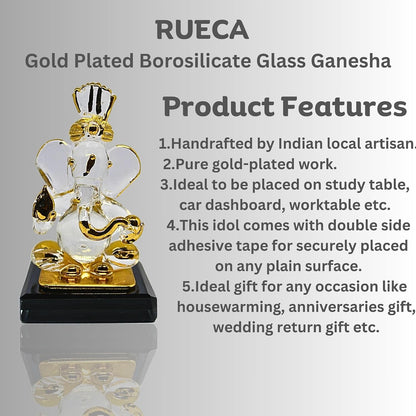 Ganesh Idol for Car Dashboard - Gold Plated Crystal Glass Ganesha Murti, 2.5 Inch | Vinayaka Statue for Home Temple, Office Desk & Pooja Room | Diwali & Housewarming Gift (Design 3)