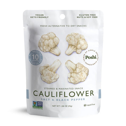 POSHI Marinated Cauliflower Florets Snack Pack | Salt + Pepper | Keto, Vegan, Paleo, Non GMO, Low Carb + Calorie, Gluten Free, Fully Cooked Vegetables, Gourmet, Healthy, All Natural (1.58 oz)