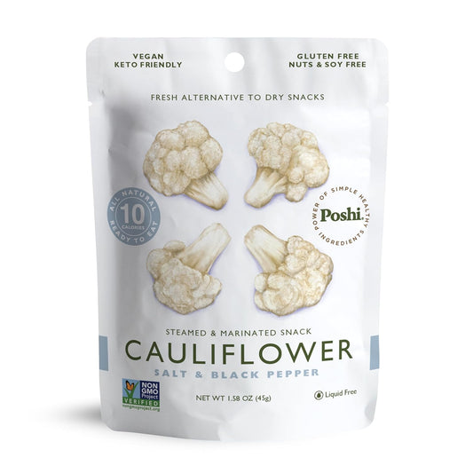 POSHI Marinated Cauliflower Florets Snack Pack | Salt + Pepper | Keto, Vegan, Paleo, Non GMO, Low Carb + Calorie, Gluten Free, Fully Cooked Vegetables, Gourmet, Healthy, All Natural (1.58 oz)