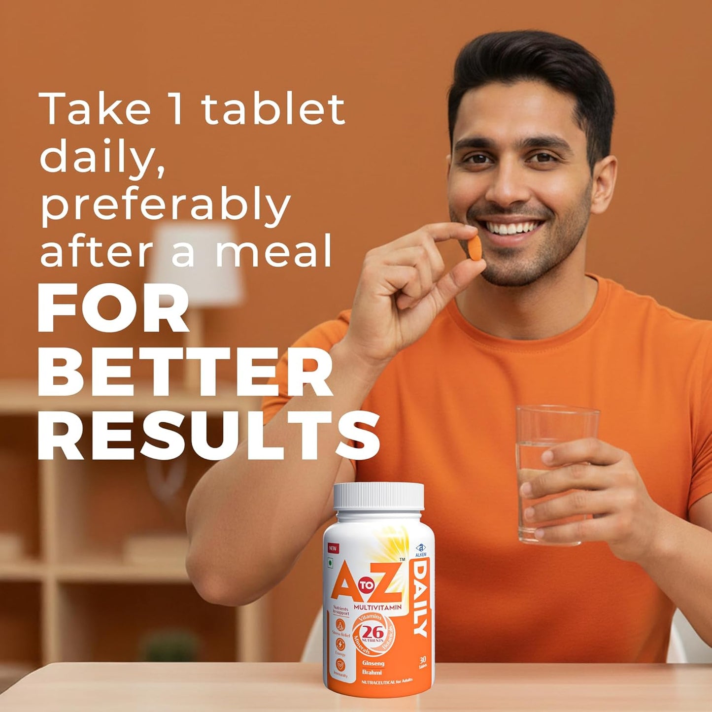 A to Z Daily Multivitamin for Men & Women | 26 Essentials Vitamins & Minerals with Ashwagandha, Brahmi, Ginseng & L-Theanine | Energy, Immunity & Stress Support | 30 Veg Tablets