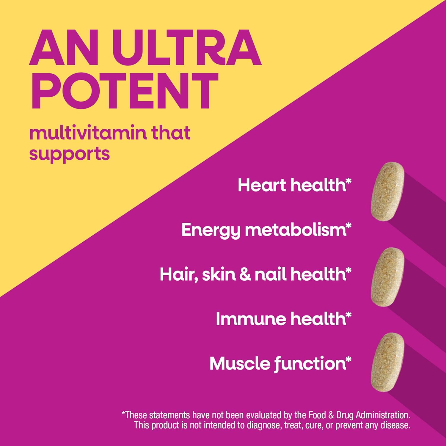 Multivitamin advertisement with text and images of vitamins on a yellow and purple background.