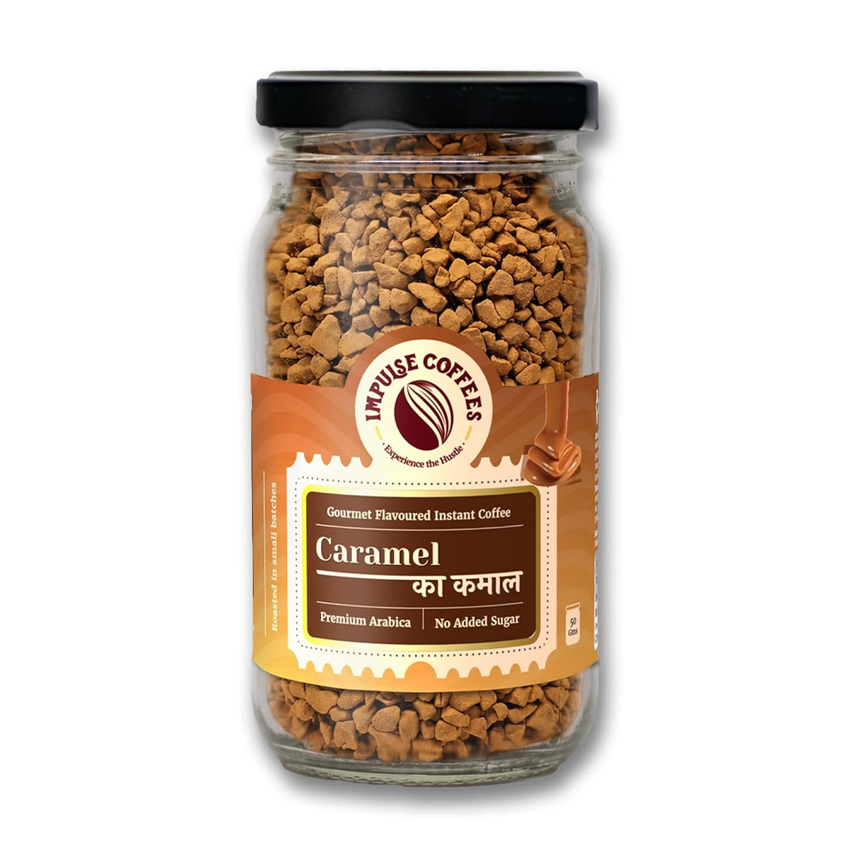 Impulse Coffees - Caramel Flavoured Instant Coffee Powder | Premium Freeze Dried Arabica Caramel Coffee Powder | Smooth Instant Coffee, Hot & Cold, 50g