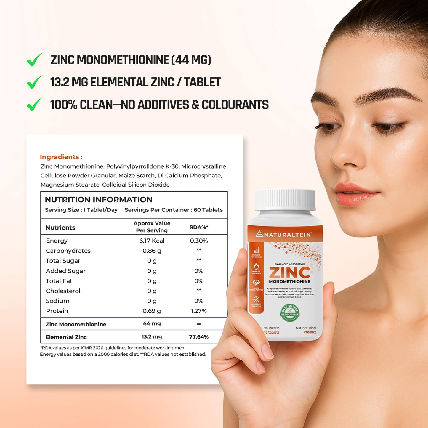 Woman holding a bottle of Naturalstein Zinc Monomethionine supplement with product details displayed.