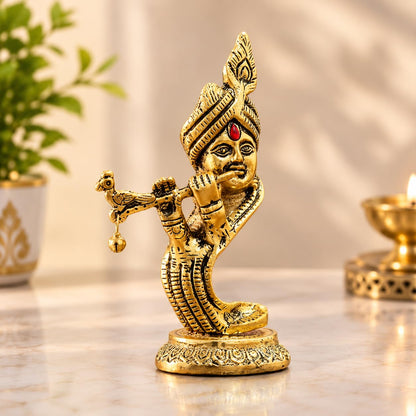 KridayKraft Lord Krishna Idol Playing Flute with Peacock, 14 cm Golden Aluminium Bansuri Krishna Murti for Home Mandir, Pooja Room, Janmashtami Décor & Religious Gifting