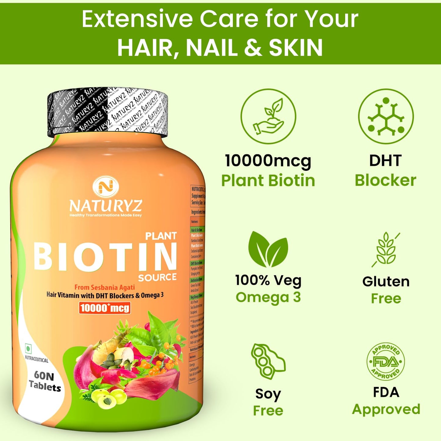 Naturyz Plant Biotin supplement bottle with product features on a green background