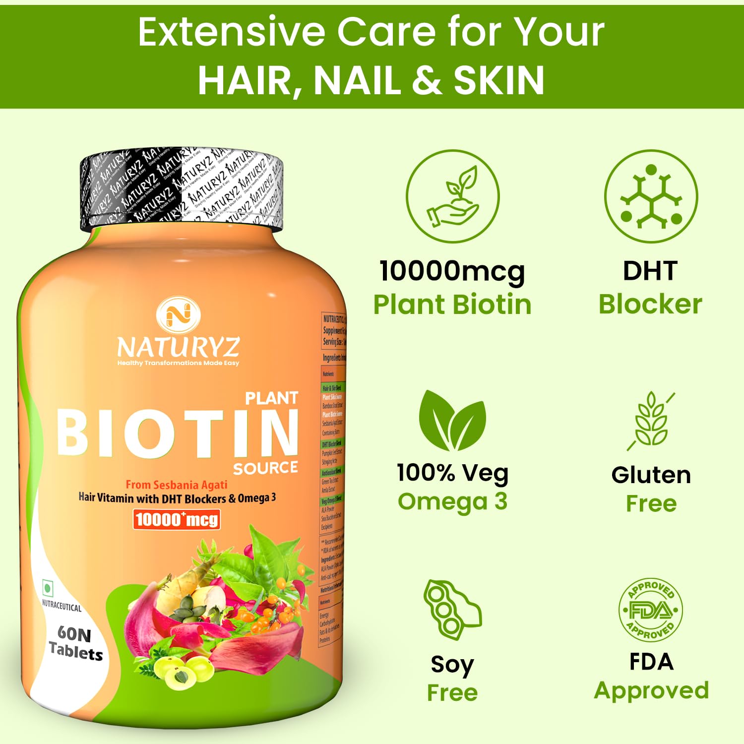 Naturyz Plant Biotin supplement bottle with product features on a green background