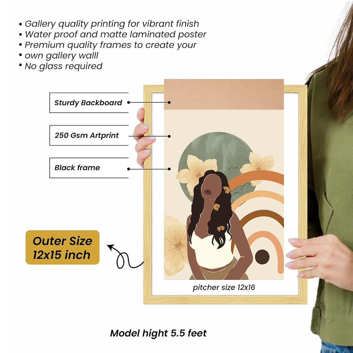 Boho Portrait & Abstract Framed Painting Wall Art Set of 6 | Modern Feminine, Botanical & Rainbow Prints | Soft Neutral Tones | Engineered wood Frame Wall Décor, (Size: A3)