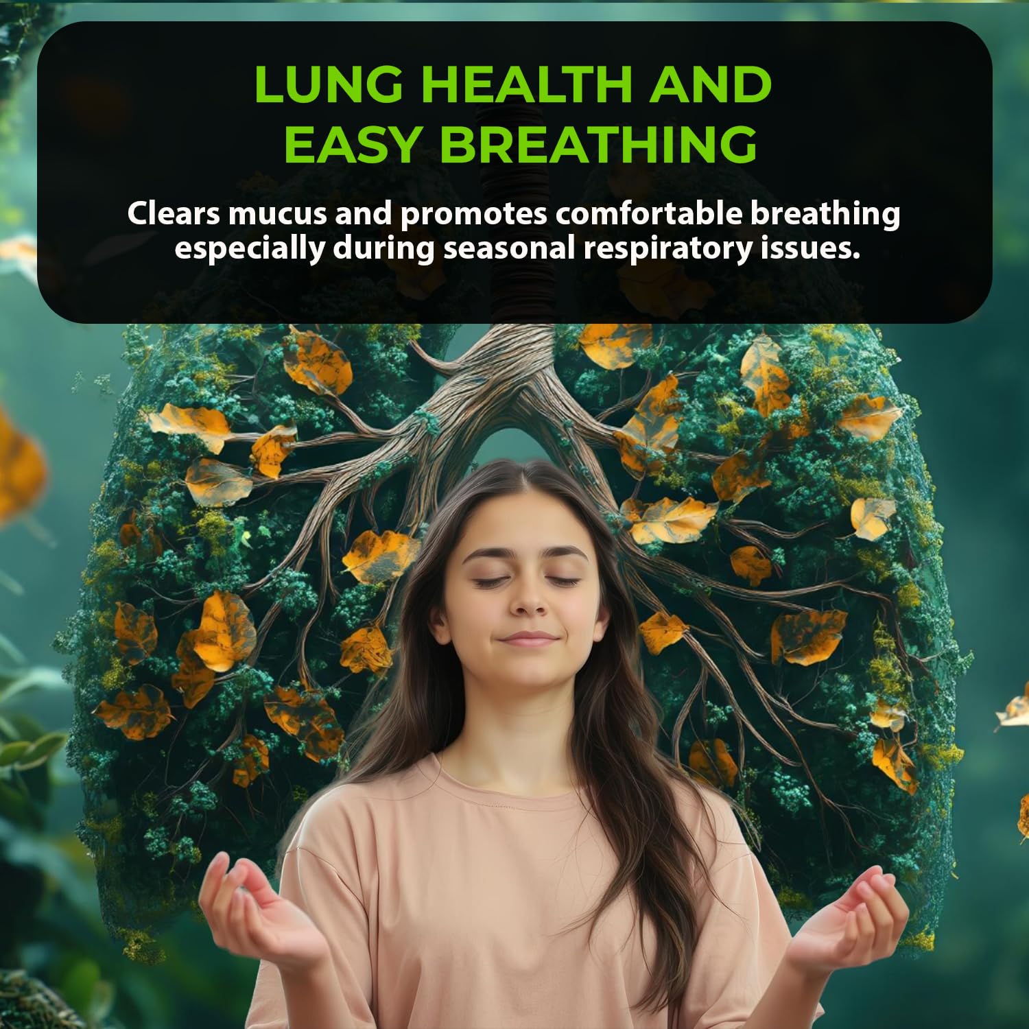 Woman meditating with a tree-like figure in the background, promoting lung health and easy breathing.