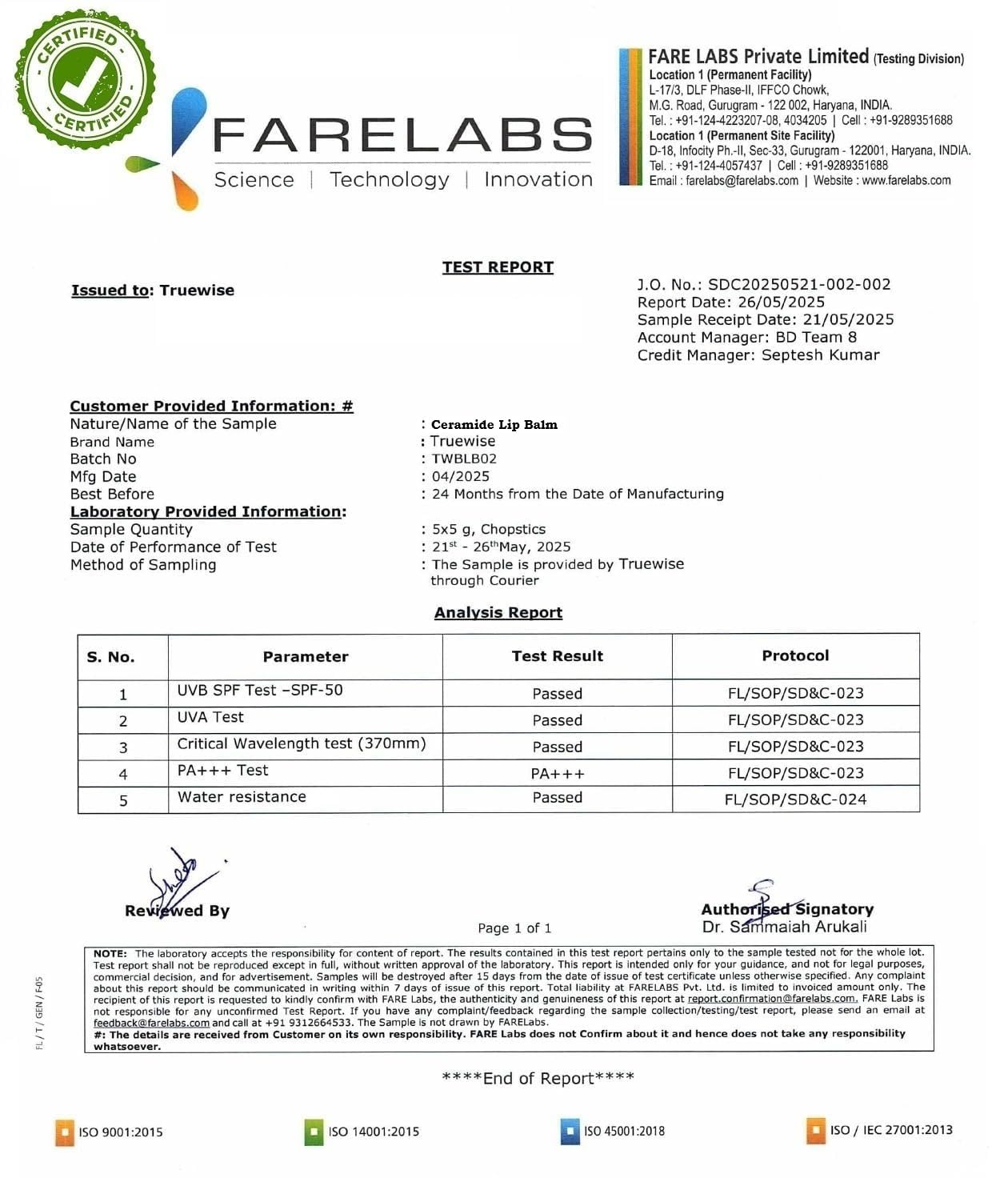 Farelabs test report for a cosmetic product with certification logo and detailed test results.