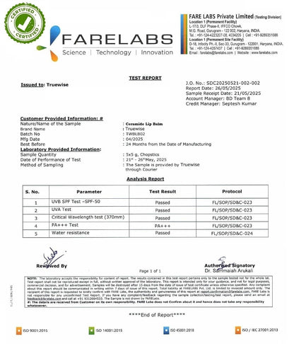 Farelabs test report for a cosmetic product with certification logo and detailed test results.