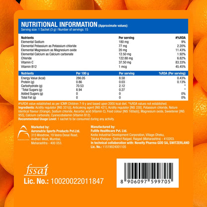 Fast&Up Reload Electrolytes Powder Sachets | Zero Added Sugar Hydration Drink with 5 Essential Electrolytes Vitamin C & B12 | Summer Heat, Workout Recovery, Travel & Wellness | Orange Rush, Pack of 15 Sachets