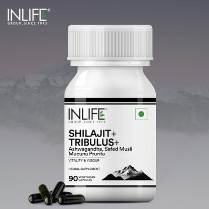 INLIFE Shilajit with Safed Musli | Ashwagandha, Tribulus (Gokshura) Capsules For Men and Women | Strength and Stamina | Ayurvedic Wellness Supplement - 90 Vegetarian Capsules