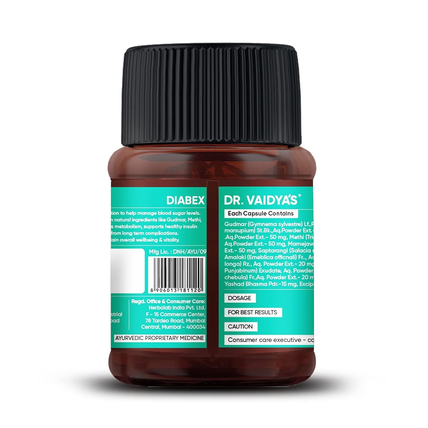 Dr. Vaidya's Diabex Capsules | Helps Regulate Blood Sugar Levels | Ayurvedic Blend With The Goodness Of Methi, Karela & Neem | (30 Capsules)
