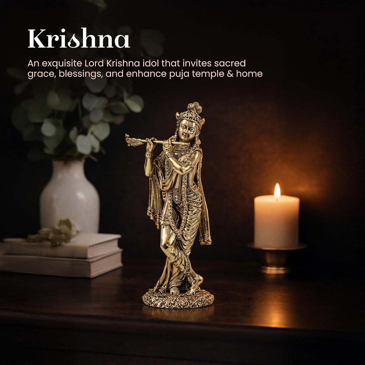 Handcrafted Brass Krishna Murti | Divine Flute-Playing Lord Krishna Idol for Home Temple & Spiritual Decor (Design02: L5 x W4 x H12 cm)