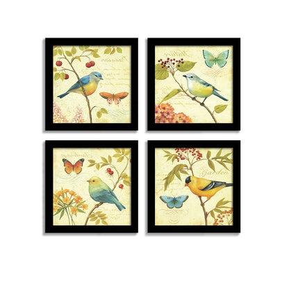 Jardin Bird Wall Art Painting For Living room, Birds botanical Framed painting, set of 4, 9x9 Inch