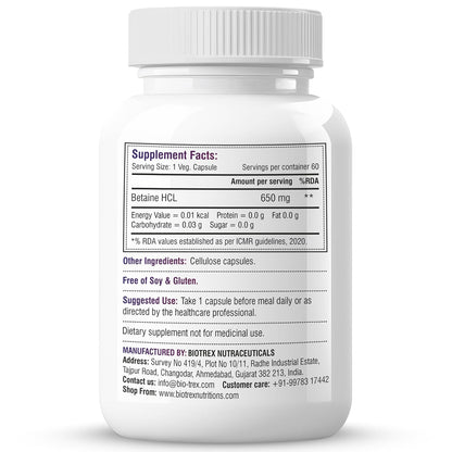 Biotrex Nutraceuticals Betaine HCL 650mg with Pepsin | Enzyme Support | Gut Health | Water Balance | Supports Nutrient Absorption & Reduces Fat | 60 Veg Capsules