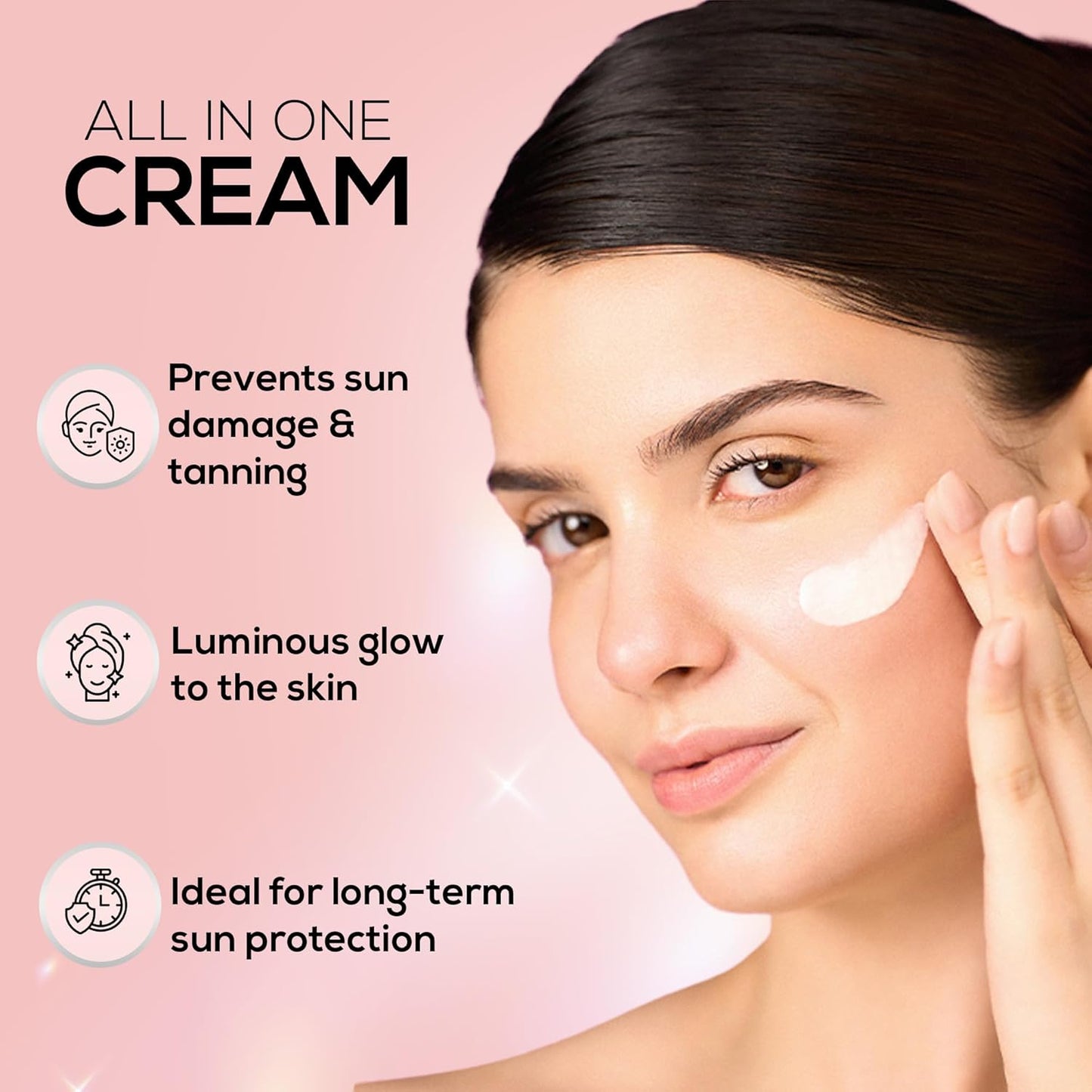 Woman applying cream to her face with product benefits on a pink background
