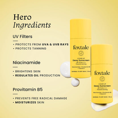 FoxTale SPF 70 Niacinamide Dewy Sunscreen With PA++++ For Dewy Sun Protection|Tan Protection|Lightweight|No White Cast|Non Greasy|Anti-Tan Formula|For Spot Depigmentation|For Men & Women|15 ml