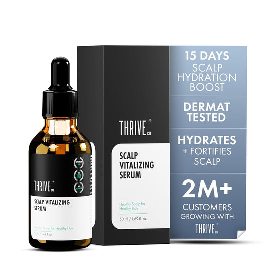 Thrive scalp vitalizing serum bottle and packaging on a white background