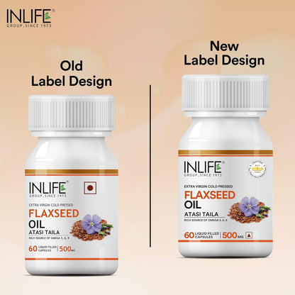 INLIFE Flaxseed Oil Omega 3 6 9 Fatty Acid Supplement - Extra Virgin Cold Pressed 500 mg - 60 Capsules