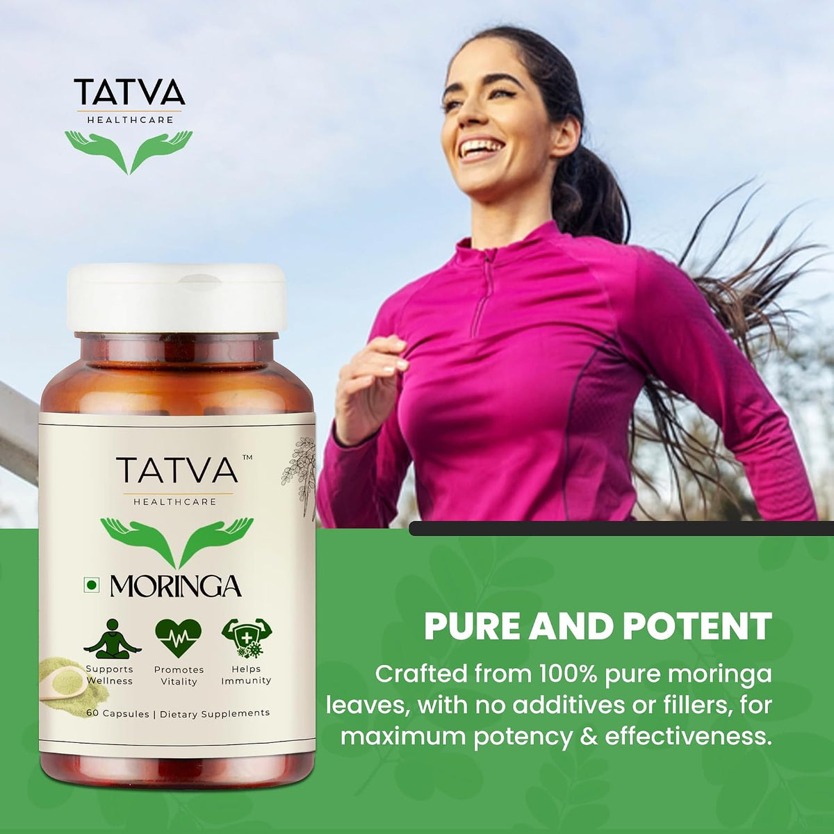 TATVA HEALTHCARE Organic Moringa Capsules 450mg | 60 Vegan Vegetarian Capsules | Moringa Oleifera Leaf Powder Supplement | Organic Drumstick Leaf Herbal Supplement | Daily Wellness