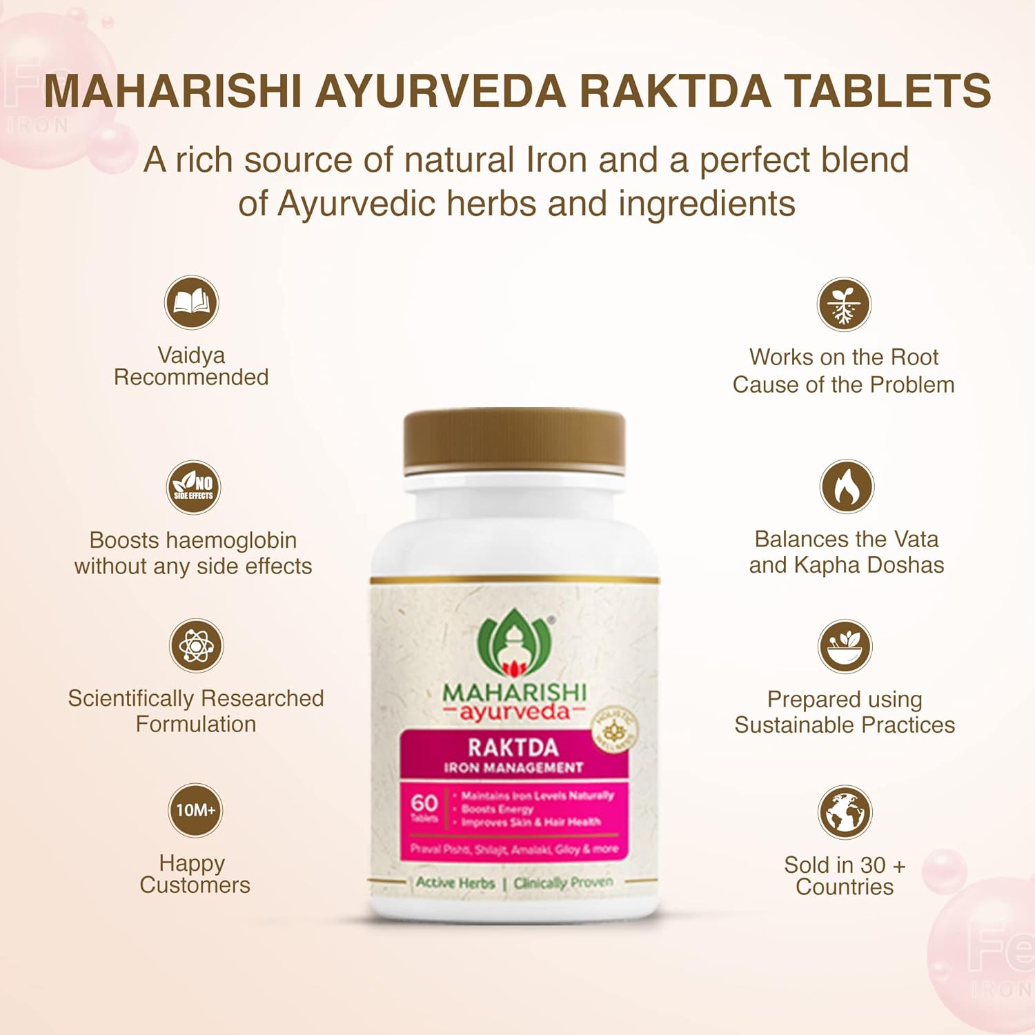 Zephivo Maharishi Ayurveda Raktda Iron Management Tablets For Men&Women | Ayurvedic Iron Supplement With Vitamin C&Calcium | Maintains Haemoglobin Levels | Boosts Energy | Improves Skin&Hair Health | 60 Tablets
